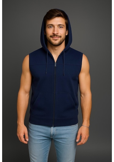 Axxel Erkek Lacivert Fermuarlı Kapüşonlu Kanguru Cepli Kolsuz Yelek-y1142 Lacivert