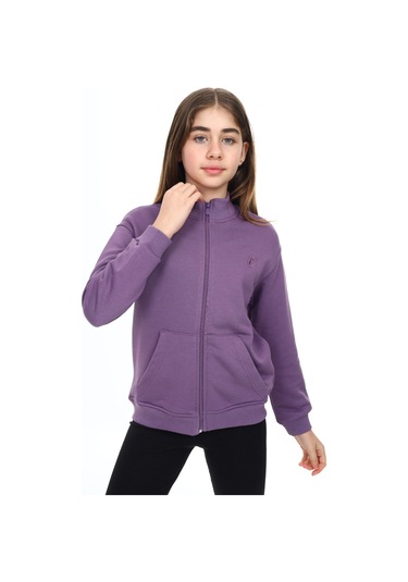 Toontoy Kız Çocuk Mavi Dik Yaka Fermuarlı Cepli Düşük Omuz Nakış Baskılı Örme Hırka - 2 İplik Şardonlu Mor