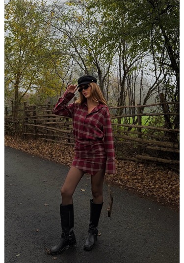 Kırmızı Ekose Gömlek Elbise - 4989 Kırmızı