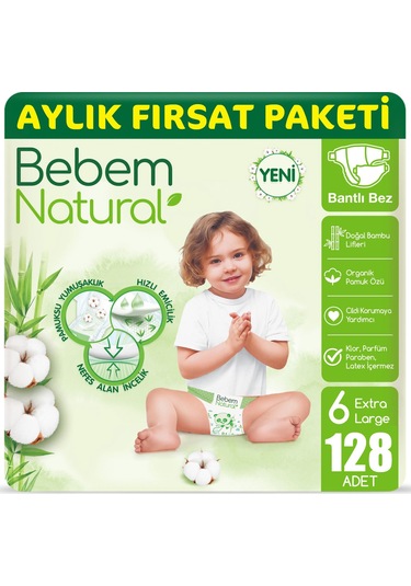 Bebem Natural Bebek Bezi 6 Beden E.large Aylık Paket 128 Adet