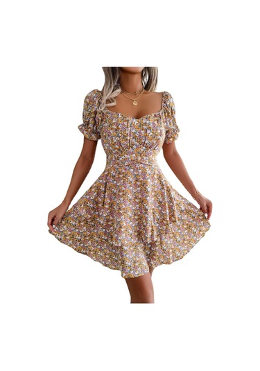 Gmxıa Yaz/ilkbahar Kadın Modası Dar Kesim Kare Yaka Kısa Kollu Elbise Sarı