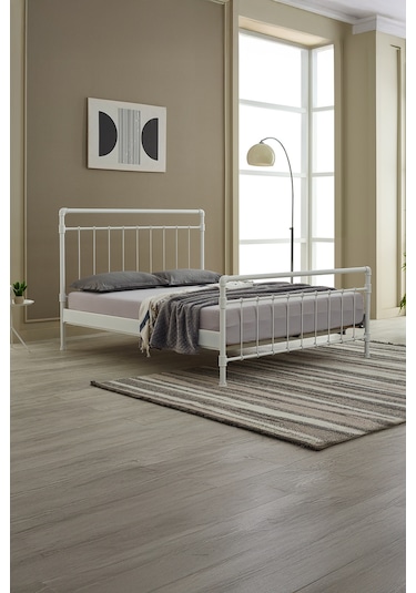 Odin Çift Kişilik Metal Karyola-beyaz Ahşap Latalı
