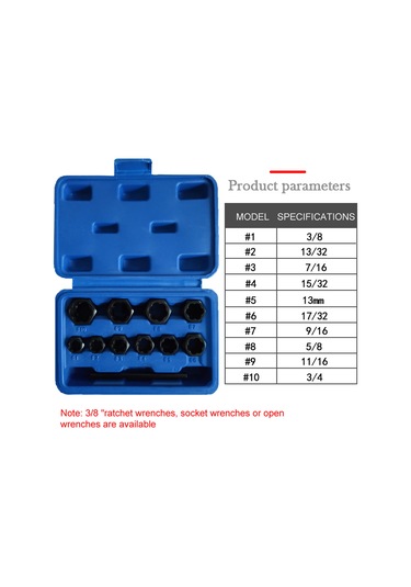 Suofeng 11 Parça Kısa Tip Hasarlı Somun Çekici Seti - Ev Araç Endüstri Tamiri İçin 3/8 İnç Anahtarla Kullanılan Çelik Malzeme Tamir Aracı