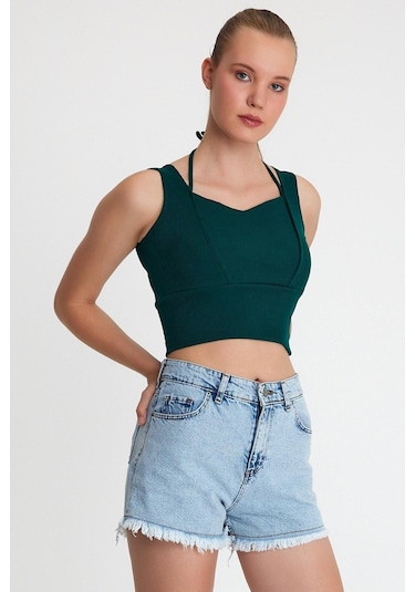 Polo State Kadın Ense Biye Detaylı Crop Yeşil