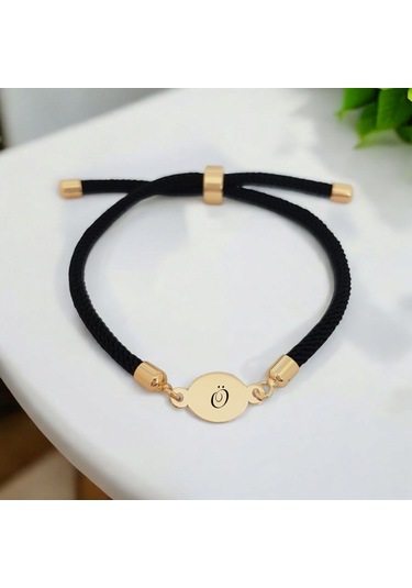 Ö Harfine Özel Oval Motifli İpek Örgülü 14 Ayar Altın Plakalı Hediye Bileklik-320harf-siyah Altın