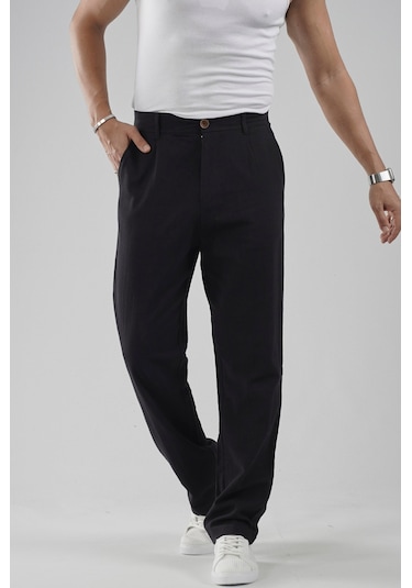 Baggy Fit Kalıp Pamuklu Keten Pantolon Siyah