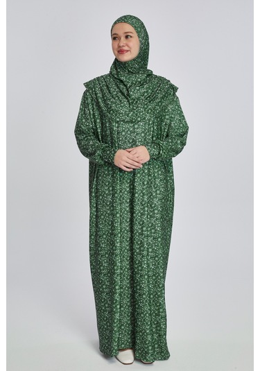 Pratik Tek Parça Çiçek Desenli Namaz Elbisesi Yeşil