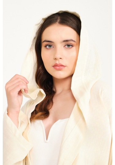 Pamuklu Kısa Kapüşonlu Müslin Kadın Bornoz Bej