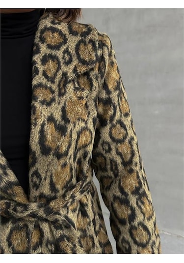 Dip Moda Kadın Leopar Desenli İthal Kaşe Kaban Dpnbg054 Çok Renkli