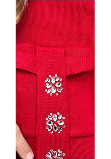 Riccotarz Kız Çocuk Askılı Bluz Hırka Ve Elmas Taş İşlemeli Cepli Bordo Triko Etekli Takım Bordo