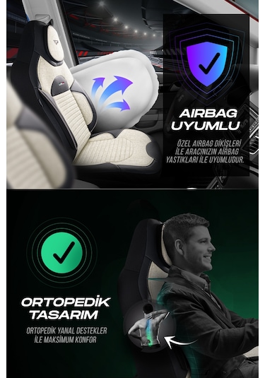 Kemik - Siyah Garni Panda Enzo Serisi Keten Kumaş Oto Koltuk Kılıfı - Tam Set