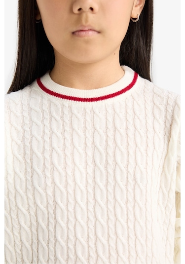 Defacto Kız Çocuk Standart Fit Bisiklet Yaka Triko Kazak E7740a825auer233 Ekru