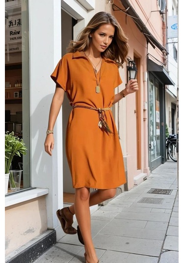 Kadın Bol Kesim Polo Yaka Kısa Kollu Günlük Kısa Midi Elbise Dizüstü 2883220 Taba