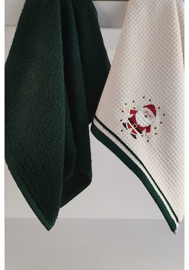 2'li Noel Baba Nakışlı Mutfak Havlusu-%100 Pamuk Yılbaşı Hediyesi Koyuyesıl Koyu Yeşil