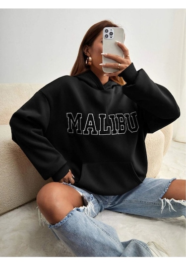 Altamira Unisex Siyah Malibu Baskılı Kapşonlu Oversize Sweatshirt 001