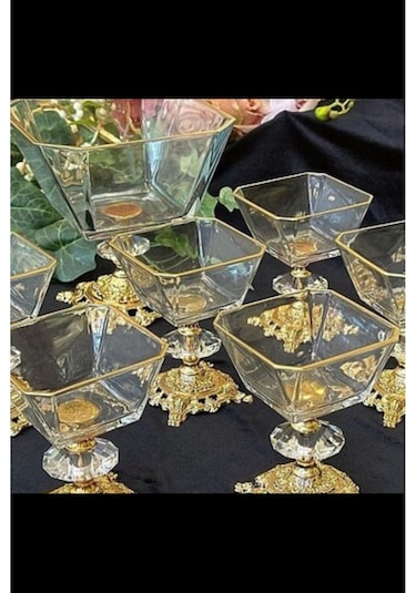 Plt Design 7 Parça Metal Ayaklı Gold Detaylı Cam Büyük Boy Salata - Magnolia Dondurmalık