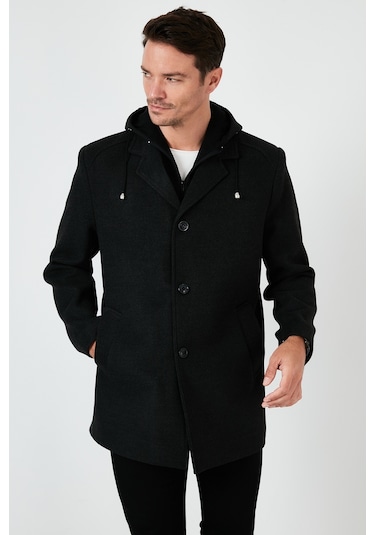 Buratti Çıkarılabilir Kapüşonlu Kırçıllı Slim Fit Kaşe Erkek Kaban 5841013 Füme