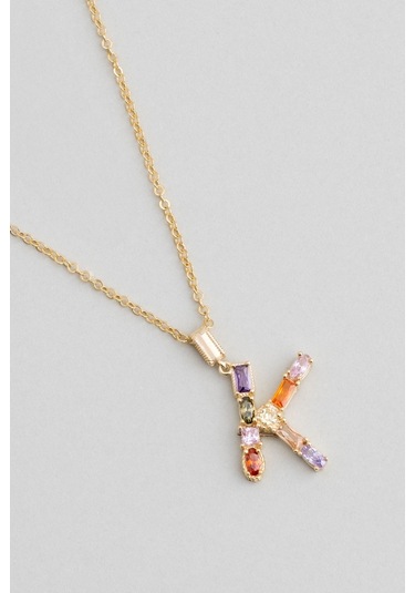 Mini K Harfi Günışığı Renkli 18 Ayar Sarı Altın Kaplama Gümüş Kolye