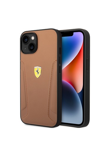 İphone Uyumlu 14 Kılıf Ferrari Lisanslı Deri Kenarları Damgalı Dizayn Kapak Kahverengi