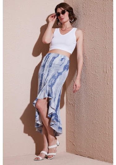 Lela Regular Fit Desenli Yüksek Bel Volanlı Midi Boy Yırtmaçlı Bayan Etek 5869013 Indigo
