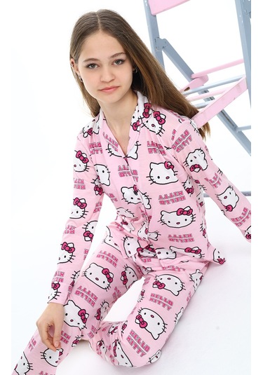 Kız Çocuk Kedi Baskılı Pijama Takımı 7-16 Yaş 0150 Pembe