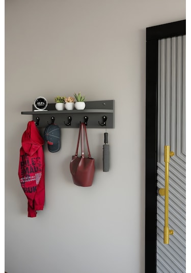 Alpa Ev Mobilya 5 Askılı Raflı Portmanto, Elbise Askılığı, Modern Duvar Organizer Askılık Antrasit