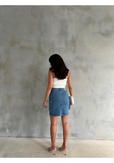 Zeo Basic Kargo Cep Detaylı Mini Denim Etek Mavi
