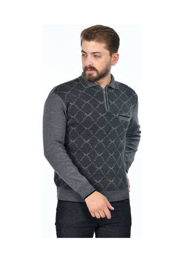 Kamalı Erkek Çelik Örgü Gömlek Yaka Cepli Fermuarlı Polo Yakalı Tüylenmeyen Triko Kışlık Baba Kazak Gri