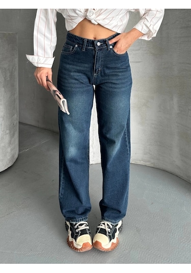 Palazzo Bıyık Enzim Yıkama Jeans Pantolon Koyu Mavi D2008 Mavi