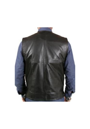 Hakiki Deri Önden Fermuarlı Erkek Deri Yelek Siyah