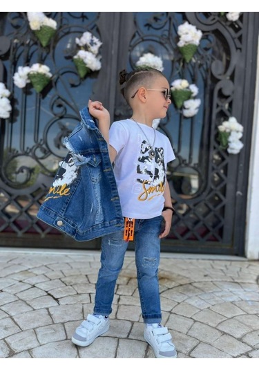 Uğur Böceği Çocuk Kurt Desenli Kot Yelekli Pantolon Tshirt Üçlü Erkek Takım 2-12 Yaş Mavi