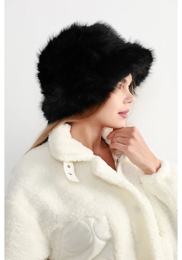 Kadın Kürklü Bucket Kalpak Şapka Rkş-15 Siyah Siyah