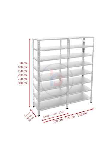 Rafburada 8 Katlı Duble Galvaniz Çelik Raf - Depo, Arşiv, Kiler, Dosya, Market Rafı-43x93 cm-150 cm-1.50 mm