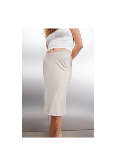 GRIMELANGE Thalıtha Kadın Saten Görünümlü Kumaş Beli Lastikli Örme Gri Etek Gri