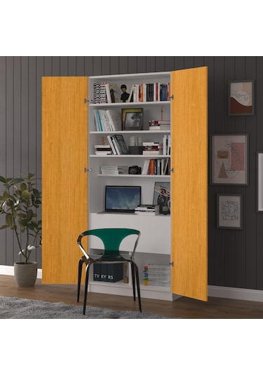 Afrika Ceviz-beyaz Modern Dolaplı Kitaplıklı Çalışma Masası