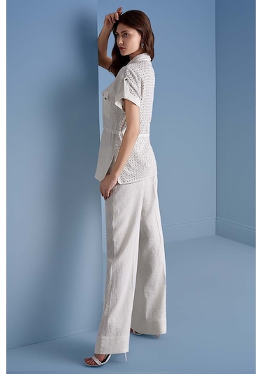 Gömlek Yaka Ekru Keten Gömlek Ekru