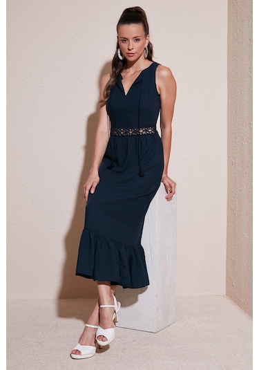 Lela Regular Fit Volanlı Kolsuz Midi Bayan Elbise 611El574 Lacivert