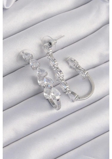 Pirinç Gümüş Renk Damla Zirkon Taş Tasarımlı Küpe