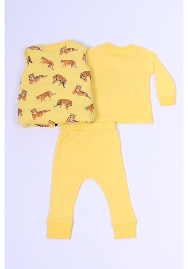 Erkek Bebek 3 Lü Takım 3 İplik Yelekli Kaplan Baskılı Fermuarlı C57 sarı