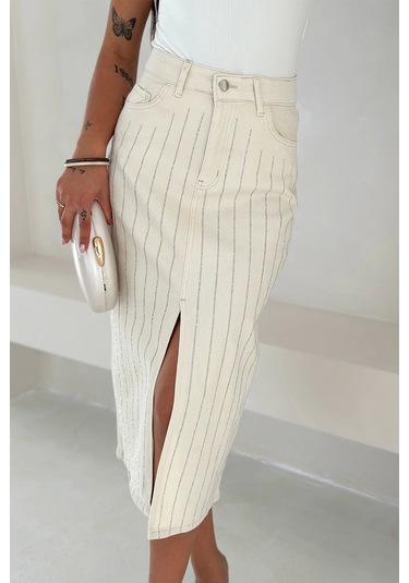 Paralel Taşlı Yırtmaçlı Denim Etek Beyaz Beyaz