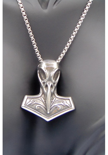 Unisex Gümüş Renk 3d Thor Çekiçi Uçlu Paslanmaz Çelik Kolye 70cm Gümüş