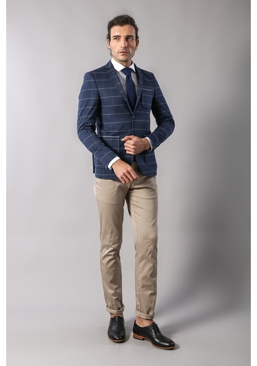 Wessi 2 Düğmeli Ekose Slim Fit Lacivert Ceket Lacivert