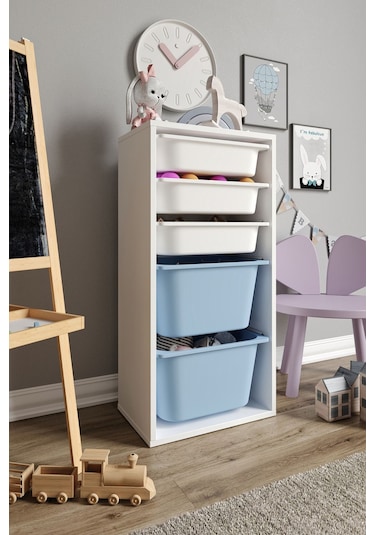 %100 Mdf - Medium Mono 5 Sepetli Oyuncak Dolabı Mavi