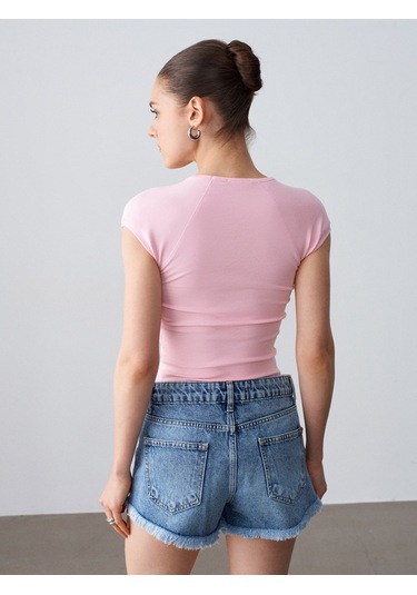 Dilvin 32894 V Yaka Fit T-shirt-toz Pembe