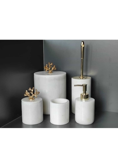 Beyaz Mermer Gold Mercan Aksesuarlı 5'li Banyo Seti Beyaz