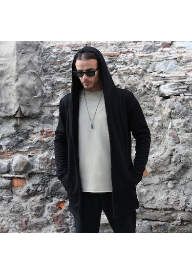 3 İplik Şardonlu Polar İçi Peluş Detaylı Kapşonlu Panço Ceket Siyah