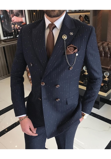 İtalyan stil slim fit çizgili kruvaze ceket pantolon takım elbise lacivert T9501-Lacivert