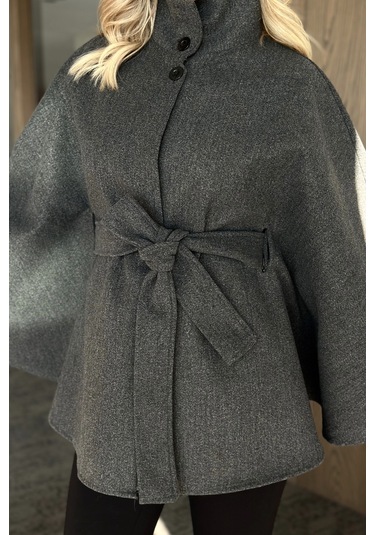 Antrasit Düğmeli Kuşaklı Kaşe Panço - 2055 Antrasit