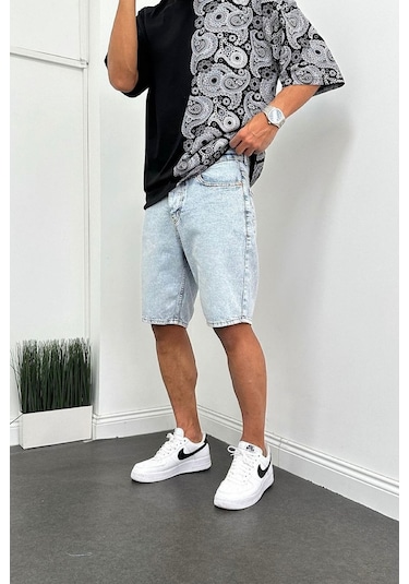 Boyfriend Rahat Kalıp Asit Yıkamalı Açık Mavi Kot Kapri Şort Buz Mavi