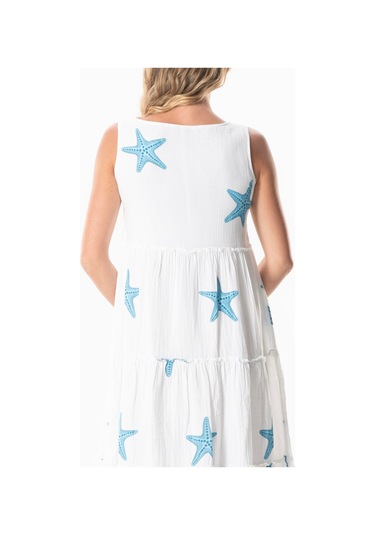 Kolsuz Artemis Oval Yaka Yıldız Baskılı Midi Boy Müslin Yazlık Elbise Beyaz Yıldız Desen Byzyldz Beyaz Yıldız Desen